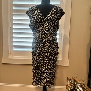 Adriann Papell Navy Blue Polkadot Chiffon & Mesh Ruffled Dress , Size 14